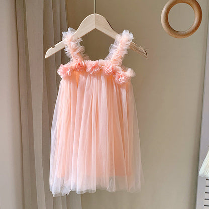 Summer Baby Kids Girls Sleeveless 3D Flowers Mesh Strap Dress