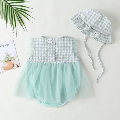 Baby Girl Plaid Graphic Strawberry Embroidery Mesh Overlay Floral Neck Dress