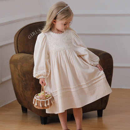 Spring and Autumn Solid Color Floral Pattern Long-sleeved Dress for Stylish Girls