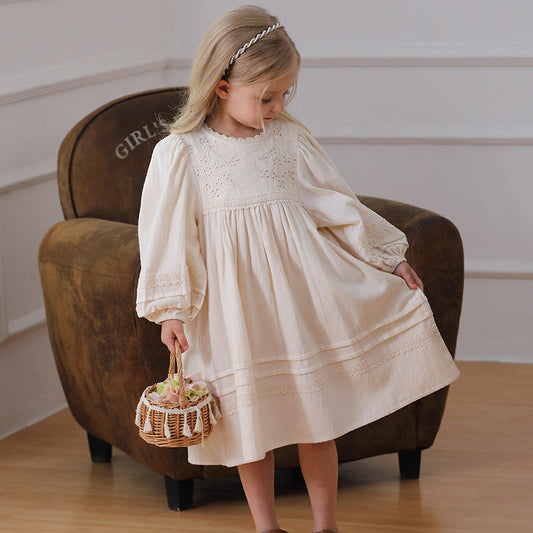 Spring and Autumn Solid Color Floral Pattern Long-sleeved Dress for Stylish Girls