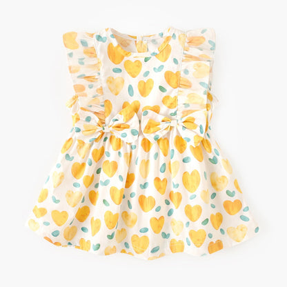 Summer Baby Girls Arrival Heart Pattern Double Bows Sleeveless Crew Neck Dress