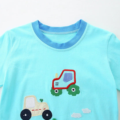 Summer Baby Kids Cartoon Tractor Pattern T-shirt and Plain Shorts Casual Clothing Set for Boys