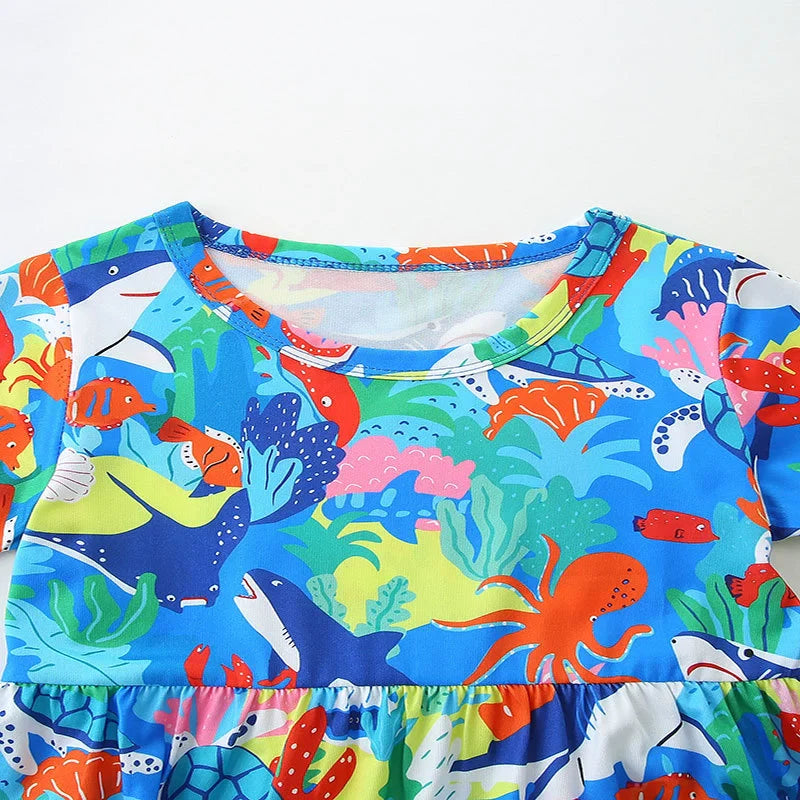 Summer Arrival Colorful Marine Pattern Short Sleeves Dress for Stylish Girls