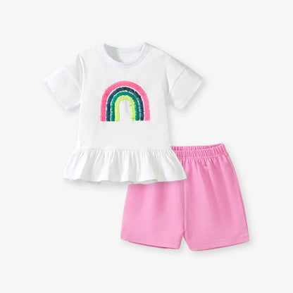 Summer Baby Kids Rainbow Pattern T-shirt and Shorts Clothing Set for Girls