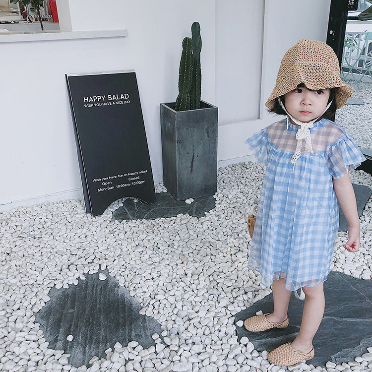 Design Summer Baby Kids Girls Light Plaid Pattern Short Sleeves Mesh Dress