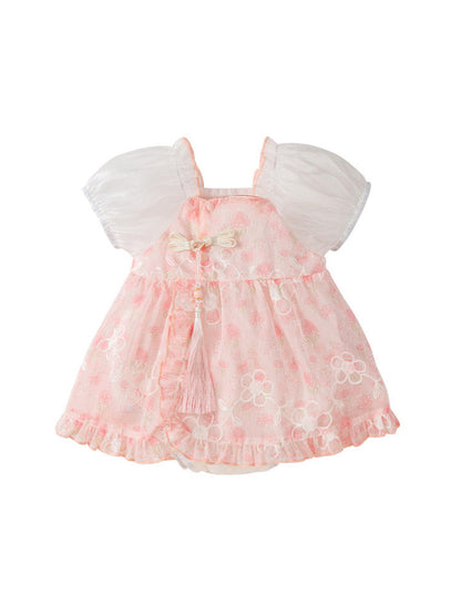 Summer Dress Design Baby Girls Pink Flowers Pattern And Embroidery Short Sleeves Square Neck Sweet Cute Onesies