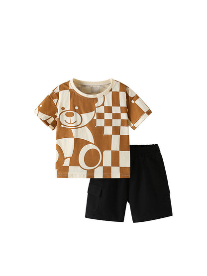Summer Baby Kids Casual Teddy Bear and Plaid Pattern T-shirt and Shorts Clothing Set for Boys