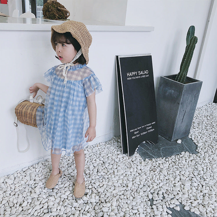 Design Summer Baby Kids Girls Light Plaid Pattern Short Sleeves Mesh Dress