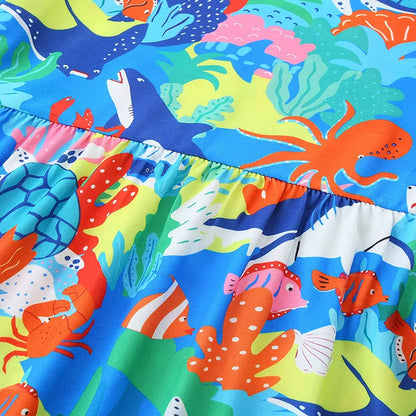 Summer Arrival Colorful Marine Pattern Short Sleeves Dress for Stylish Girls