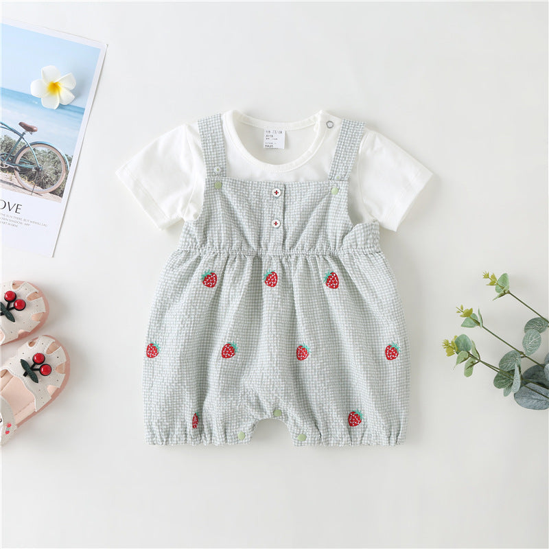 Baby Girl Plaid Graphic Strawberries Embroidery Snap Button Jumpsuit & Solid Tee Sets