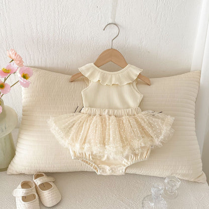 Summer Hot Selling Baby Girls Sleeveless Solid Color Vest and Tulle Patchwork Bloomers Clothing Set