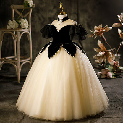 Princess Black Hostess Dress For Girls: Luxurious One-Shoulder Piano Performance Attire