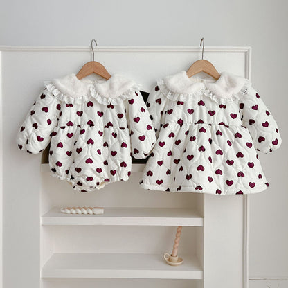 Red Heart Pattern Peter Pan Lace Collar Long Sleeve Fashion Princess Onesies&Dress
