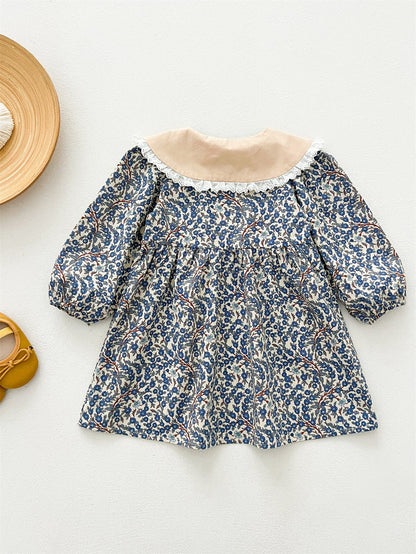 Spring and Autumn Vintage Floral Print Long-sleeved Dress with Lace Collar for Stylish Girls