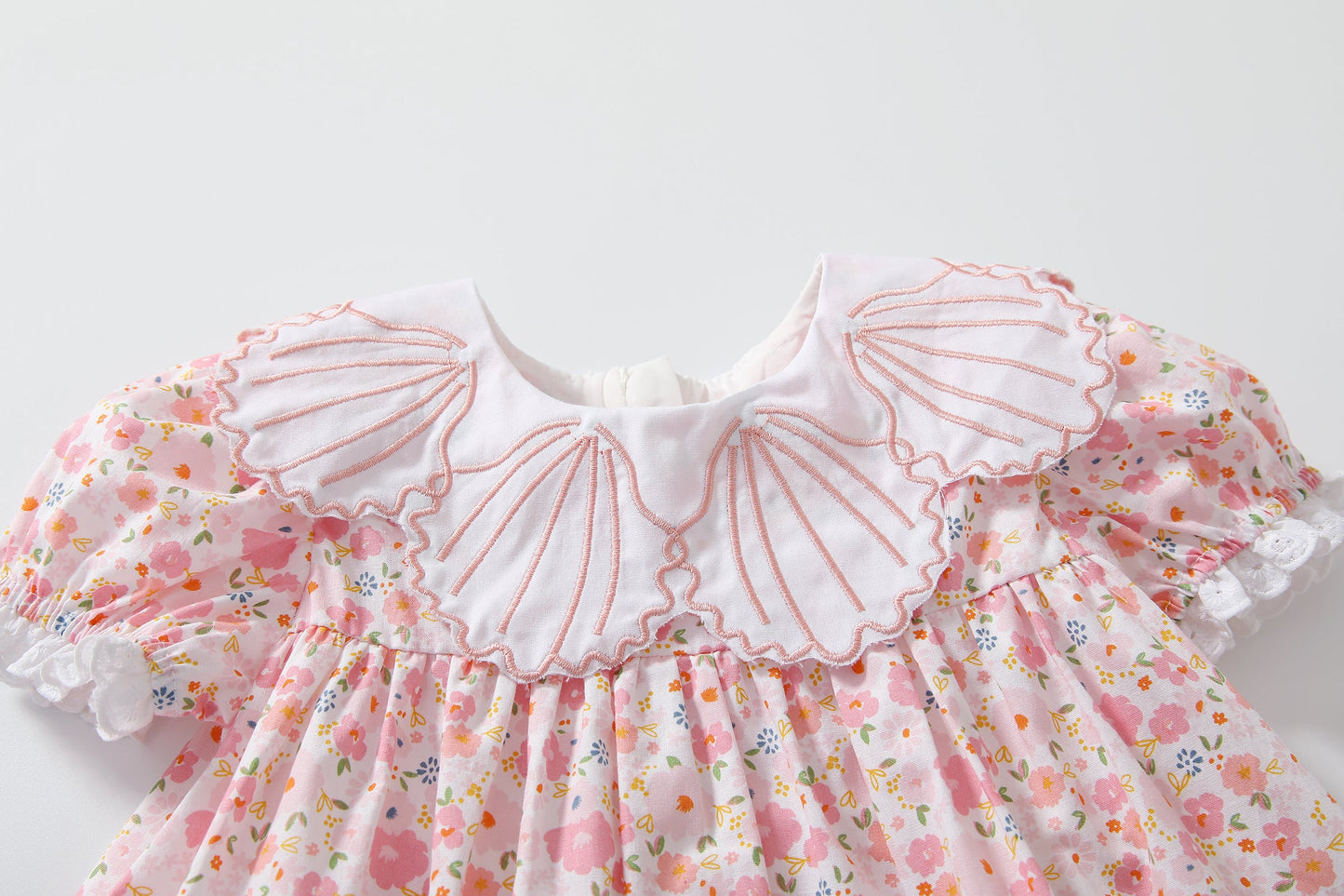 Baby Girl Short-Sleeved Floral Print Shell Shape Collar Pattern A Version Dress