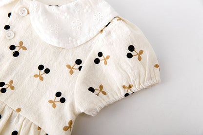 Baby Girls Cherry Print Doll Collar Design Neck Buttoned Puff-Sleeved Dress Onesies