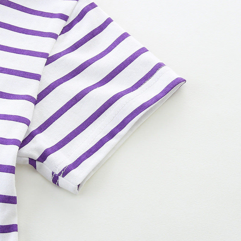 Summer Arrival Colorful Animals Pattern Short Sleeves Striped Dress for Stylish Girls