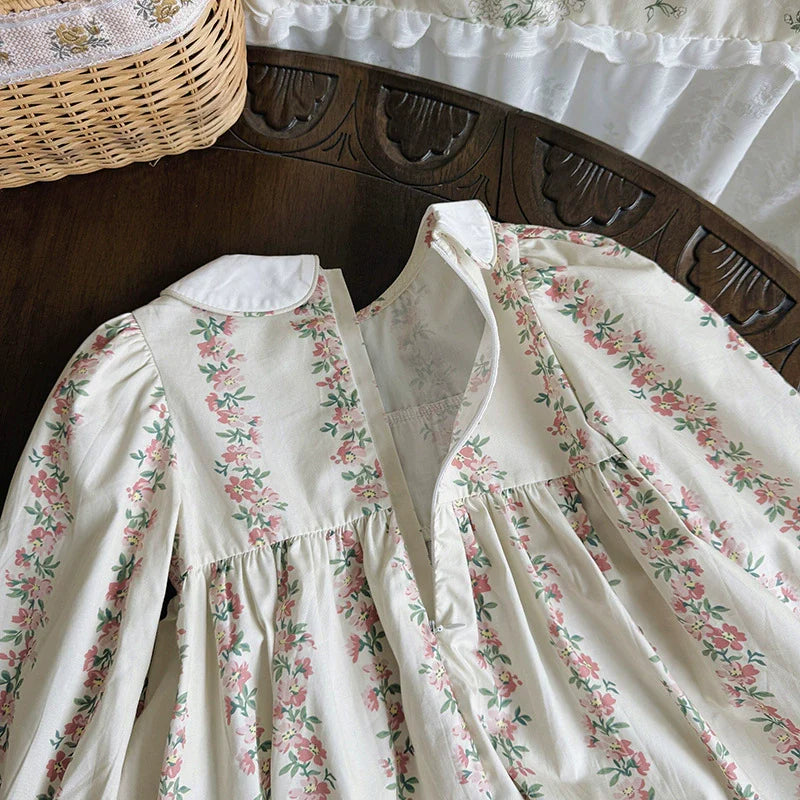 Arrival Autumn Girls Floral and Striped Pattern Long Sleeves Dress