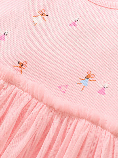 Spring And Summer Baby Girls Short Sleeves Mouse Dancers Cartoon Pattern Chiffon Dress
