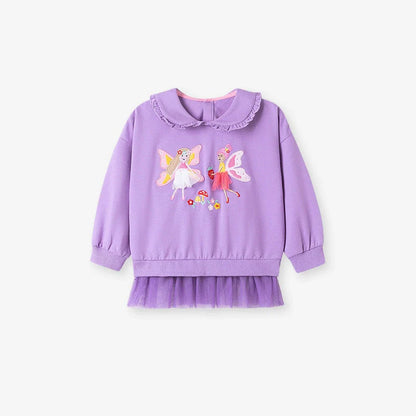 Spring and Autumn Girls Fairy Cartoon Pattern Long Sleeves Sweatshirt and Purple Pants Clothing Set