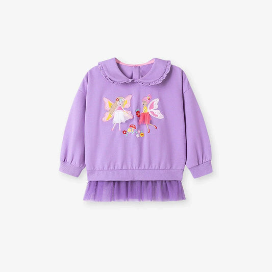 Spring and Autumn Girls Fairy Cartoon Pattern Long Sleeves Sweatshirt and Purple Pants Clothing Set