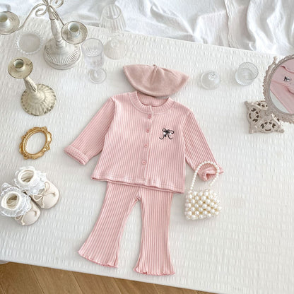 Spring and Autumn Kids Girls Cute Butterfly-bow Embroidered Long Sleeves Top and Pants Clothing Set