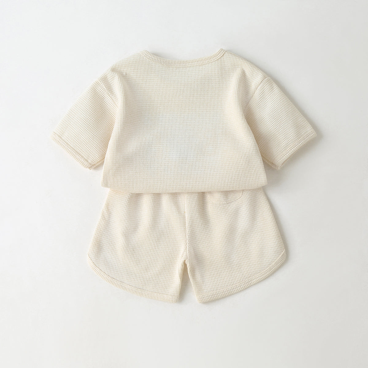 Baby Cartoon Bear & Slogan Pattern Waffle Fabric Tops Combo Solid Shorts 1-Piece Sets