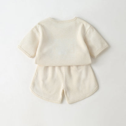 Baby Cartoon Bear & Slogan Pattern Waffle Fabric Tops Combo Solid Shorts 1-Piece Sets