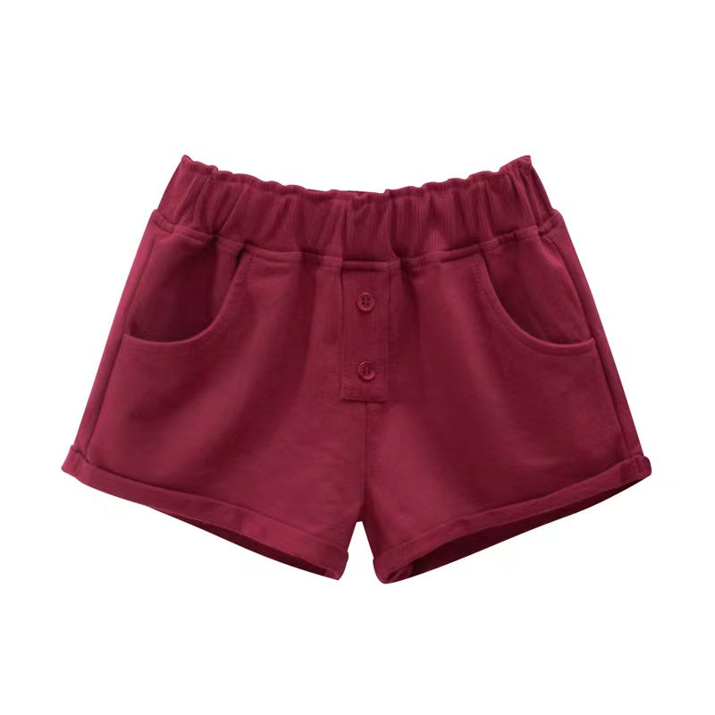 Baby Girl Solid Color Button Design Flap Short Pants With Pockets