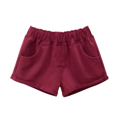 Baby Girl Solid Color Button Design Flap Short Pants With Pockets