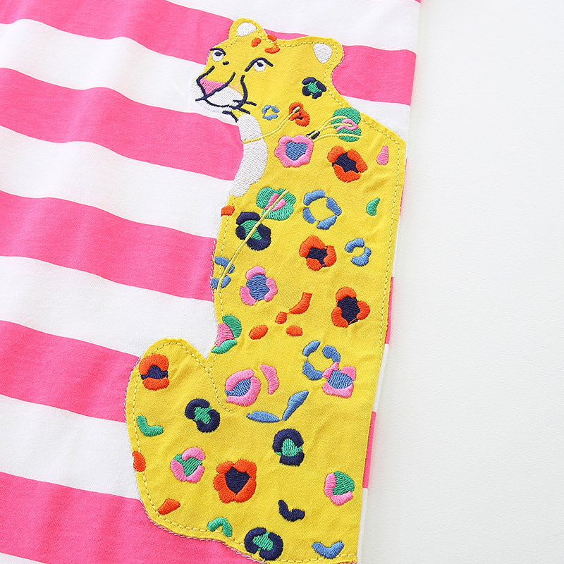 Summer Arrival Baby Girls Floral Leopards Pattern Short Sleeves Striped Dress