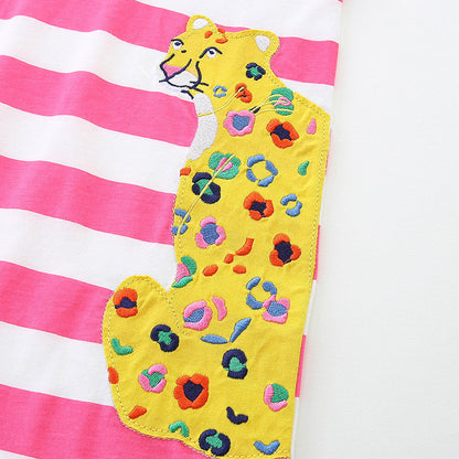 Summer Arrival Baby Girls Floral Leopards Pattern Short Sleeves Striped Dress