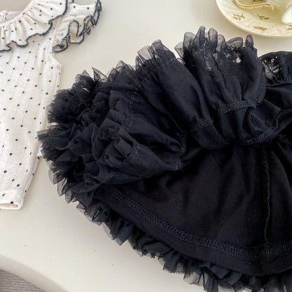 Summer Baby Kids Dots Pattern Fly Sleeves Top Vest with Black Skirt Clothing Set for Girls