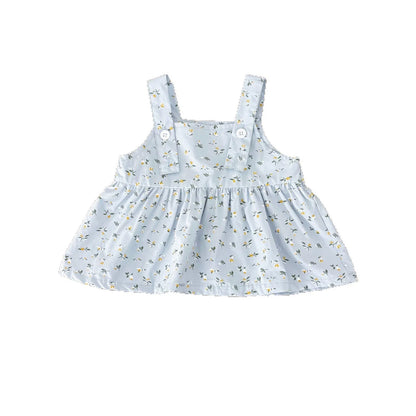 Summer Arrival Baby Kids Girls Sleeveless Floral Pattern Strap Overalls and Beige Onesies Clothing Set