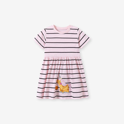 Summer Striped Dress for Girls, European and American Cute Animals Cartoon Pattern Dress