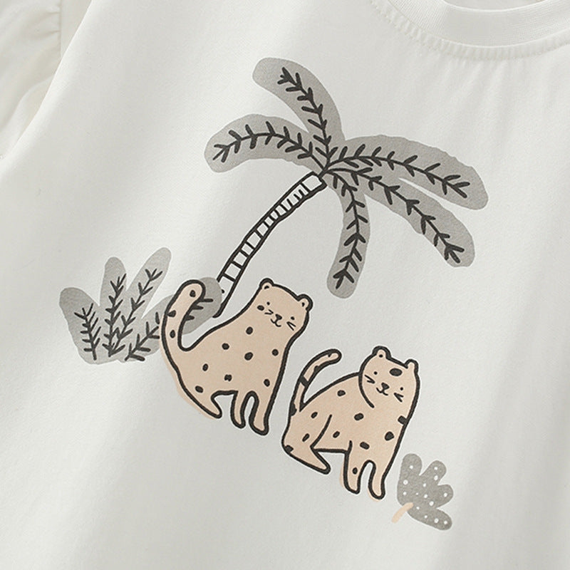 Summer Baby Kids Animals Cartoon Pattern T-shirt and Heart Pattern Shorts Clothing Set for Girls