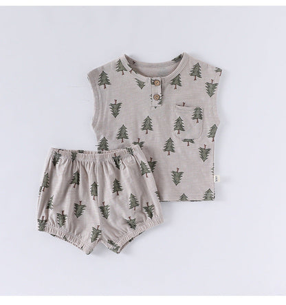 Summer Arrival Baby Unisex Sleeveless Fruits Pattern Top Vest and Shorts Clothing Sets