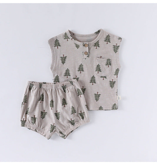 Summer Arrival Baby Unisex Sleeveless Fruits Pattern Top Vest and Shorts Clothing Sets