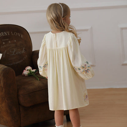 Spring and Autumn Vintage Flowers Embroidered Long-sleeved Dress for Stylish Girls
