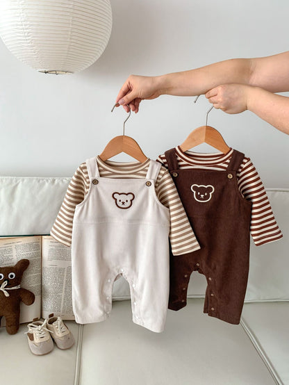 Infant Baby Bear Head Corduroy Combo Overalls In Sets
