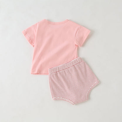 Baby Girl Fruit Pattern Short Sleeve Tops Combo Striped Graphic Triangle Shorts One Pieces Sets