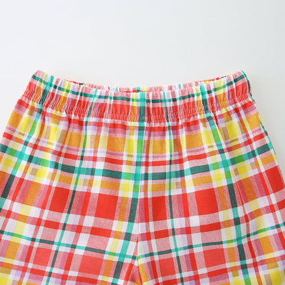Summer Baby Kids Cartoon Sunshine Pattern Vest and Plaid Shorts Clothing Set for Girls