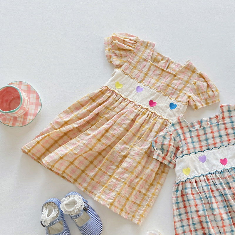 Summer Girls Short Sleeves Colorful Plaid Heart Embroidery Dress