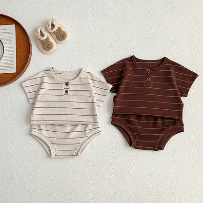 Baby Kids Unisex Striped Short Sleeves Top And Shorts Casual Clothing Set