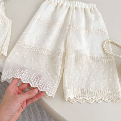 Summer Baby Kids Solid Color Sleeveless Dots Embroidery Pattern Top Dress and Pants Clothing Set for Girls