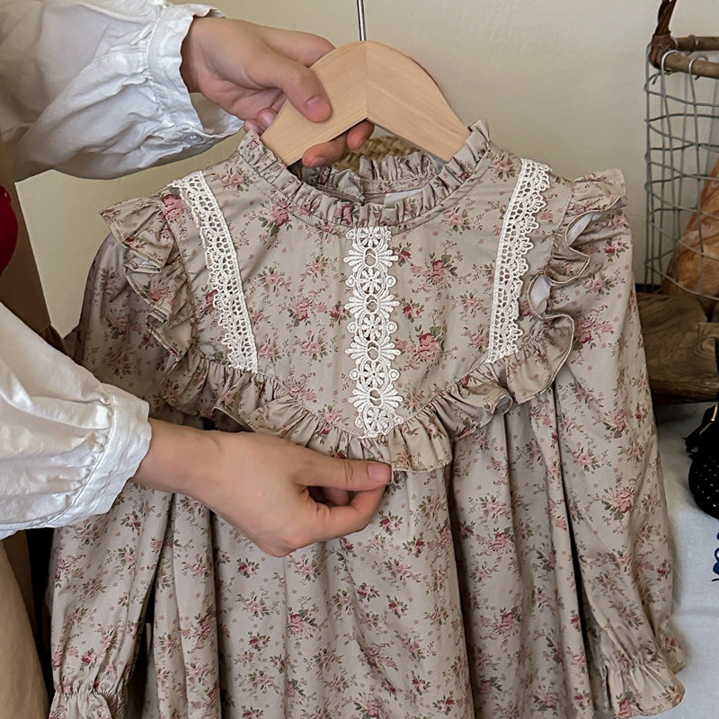 Spring and Autumn Ruffle Edged Neck French Style Floral Sweet Children’s Doll Dress