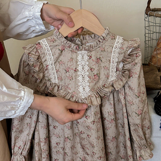 Spring and Autumn Ruffle Edged Neck French Style Floral Sweet Children’s Doll Dress