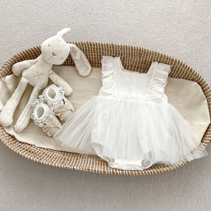 Summer Girls Flower-Embroidered And Hollow Out Strap White Onesies Dress