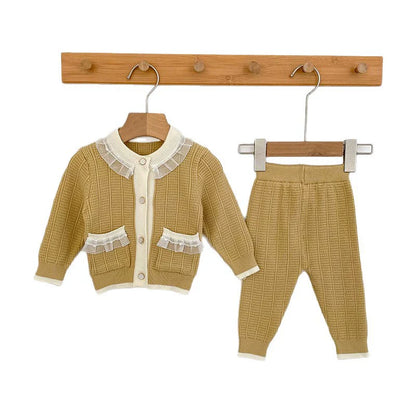 Arrival Autumn Baby Girls Long Sleeves Color Patchwork Knitted Top Cardigan and Long Trousers Clothing Set