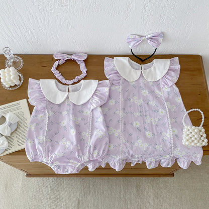 Arrival Summer Girls Flowers Pattern Fly Sleeves Peter Pan Collar Onesies And Dress – Sister Matching Clothing Set